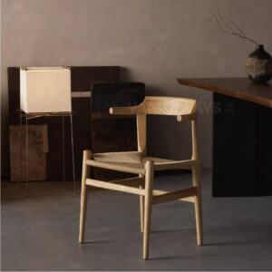 Designer oak wood armchair with woven seat